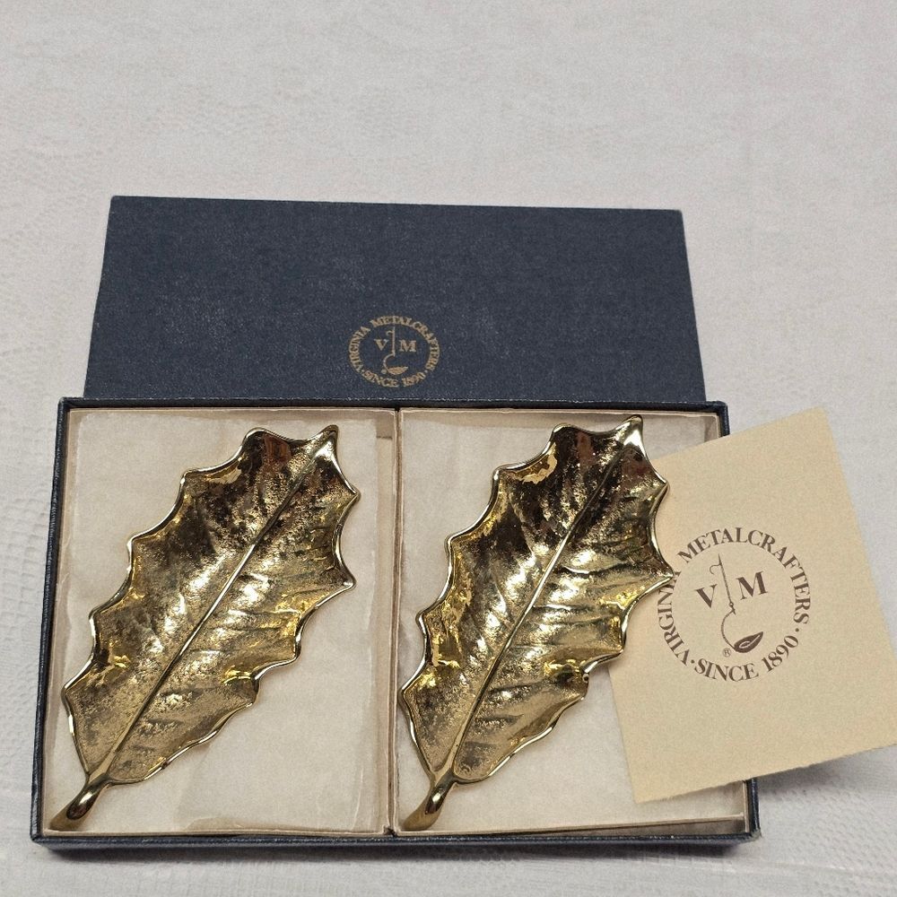 Vintage Virginia Metalcrafters Brass Holly Leaf Gold Tone Dish Set Of 2 With Box